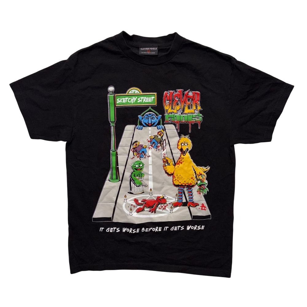 Clever Fools Sketchy Street Parody Graphic T-Shirt Mens Medium Black Tee